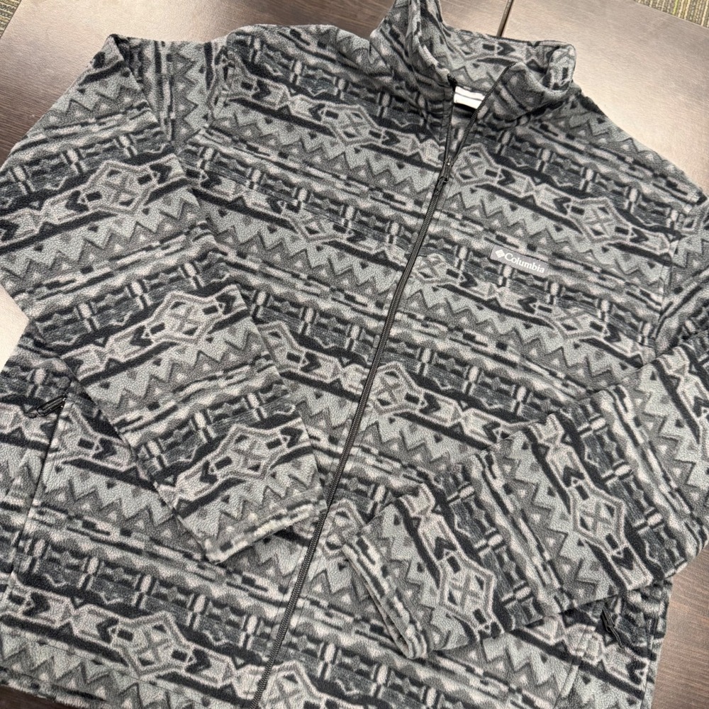 Columbia Fleece Jacket Mens XXL Grey Aztec Geometric Full Zip Excellent Print